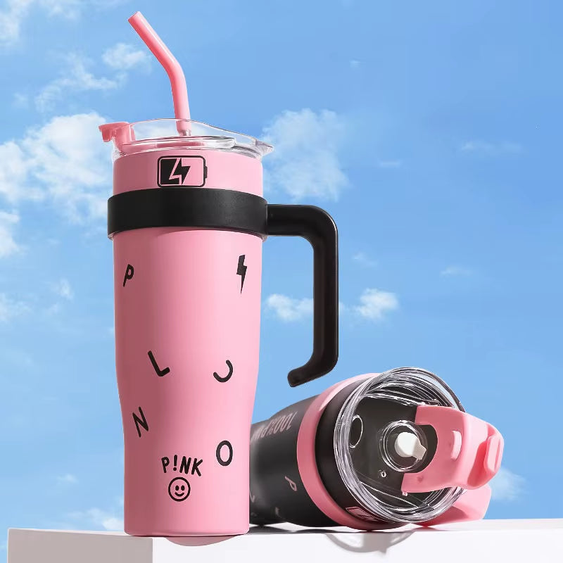 1200Ml Large Capacity Thermos Cup 40Oz Car Handle Car Cup Cold Insulated Straw Cup Couple Gift Water Cup