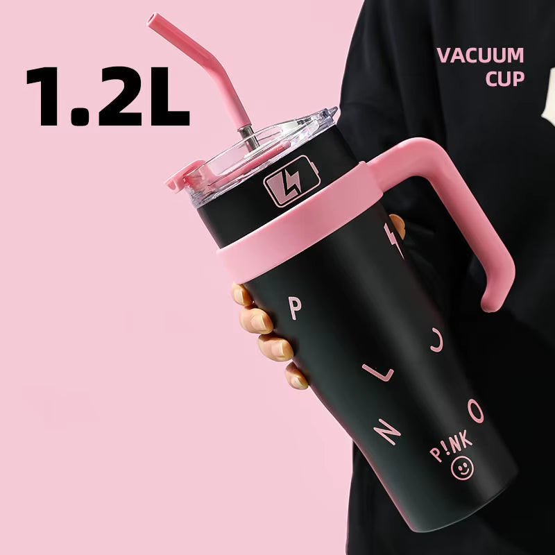 1200Ml Large Capacity Thermos Cup 40Oz Car Handle Car Cup Cold Insulated Straw Cup Couple Gift Water Cup