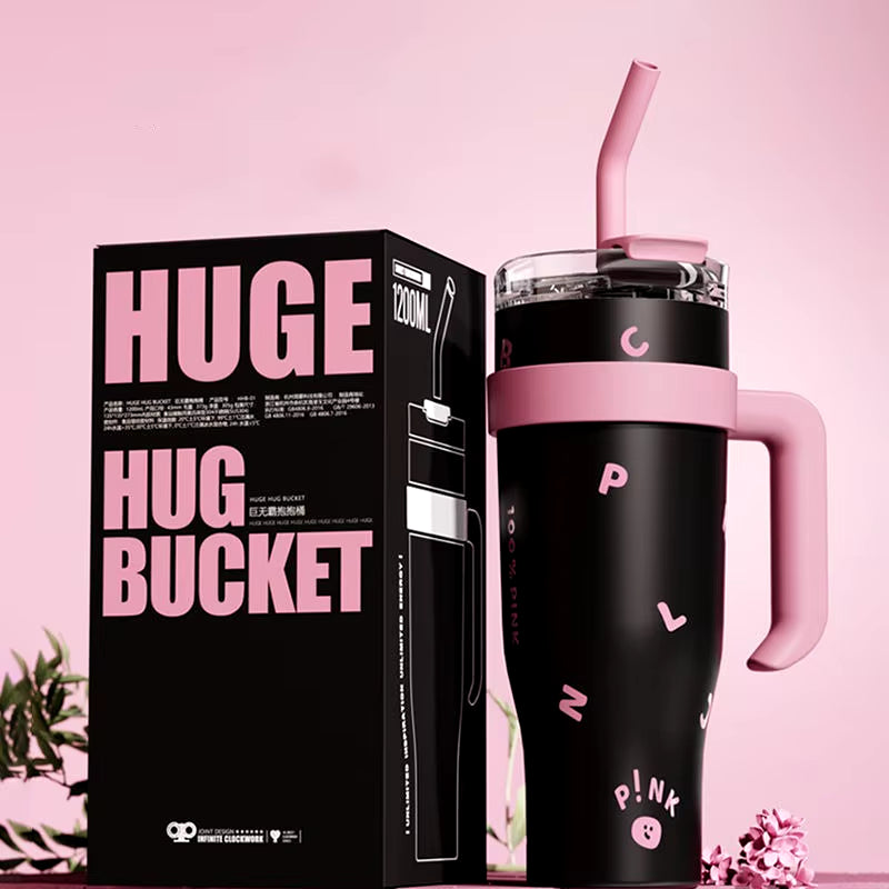 1200Ml Large Capacity Thermos Cup 40Oz Car Handle Car Cup Cold Insulated Straw Cup Couple Gift Water Cup